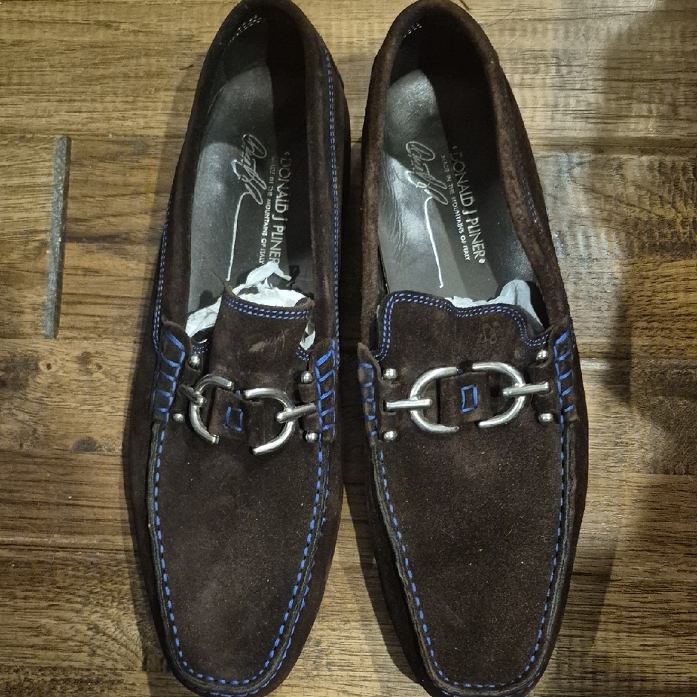 Donald J. Pliner Brown Suede Loafers with Blue Accents